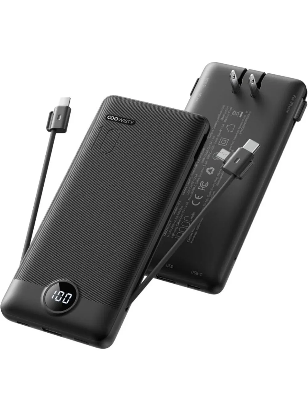 Slim Portable Charger Power Bank 10000mAh with Built-in Cables & LED Display